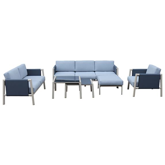Salon de jardin OSKAR en aluminium imitation bois avec coussins coloris gris - 6 places
