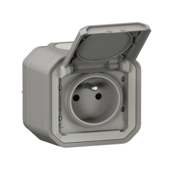 Prise de courant avec volet Plexo complet saillie gris 16A - LEGRAND