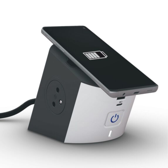 Station de Charge 2X2P+T Chargeur Sans Fil 2m + USB A+C Blanc/Noir