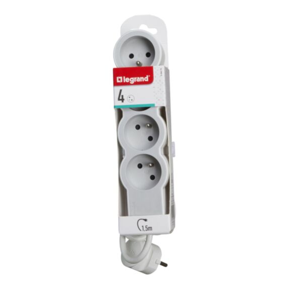 Multiprise 4 prises 2P+T Cordon 1,5m 3G 1mm² Blanc/Gris Clair
