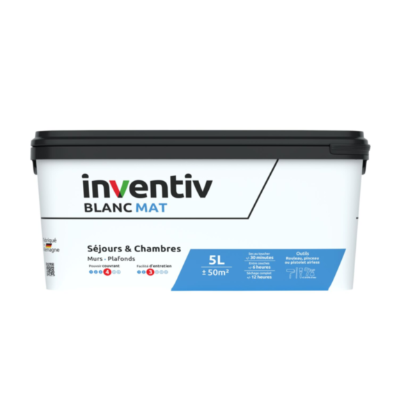 Peinture murs/plafonds bicouche Blanc mat 5L  - INVENTIV